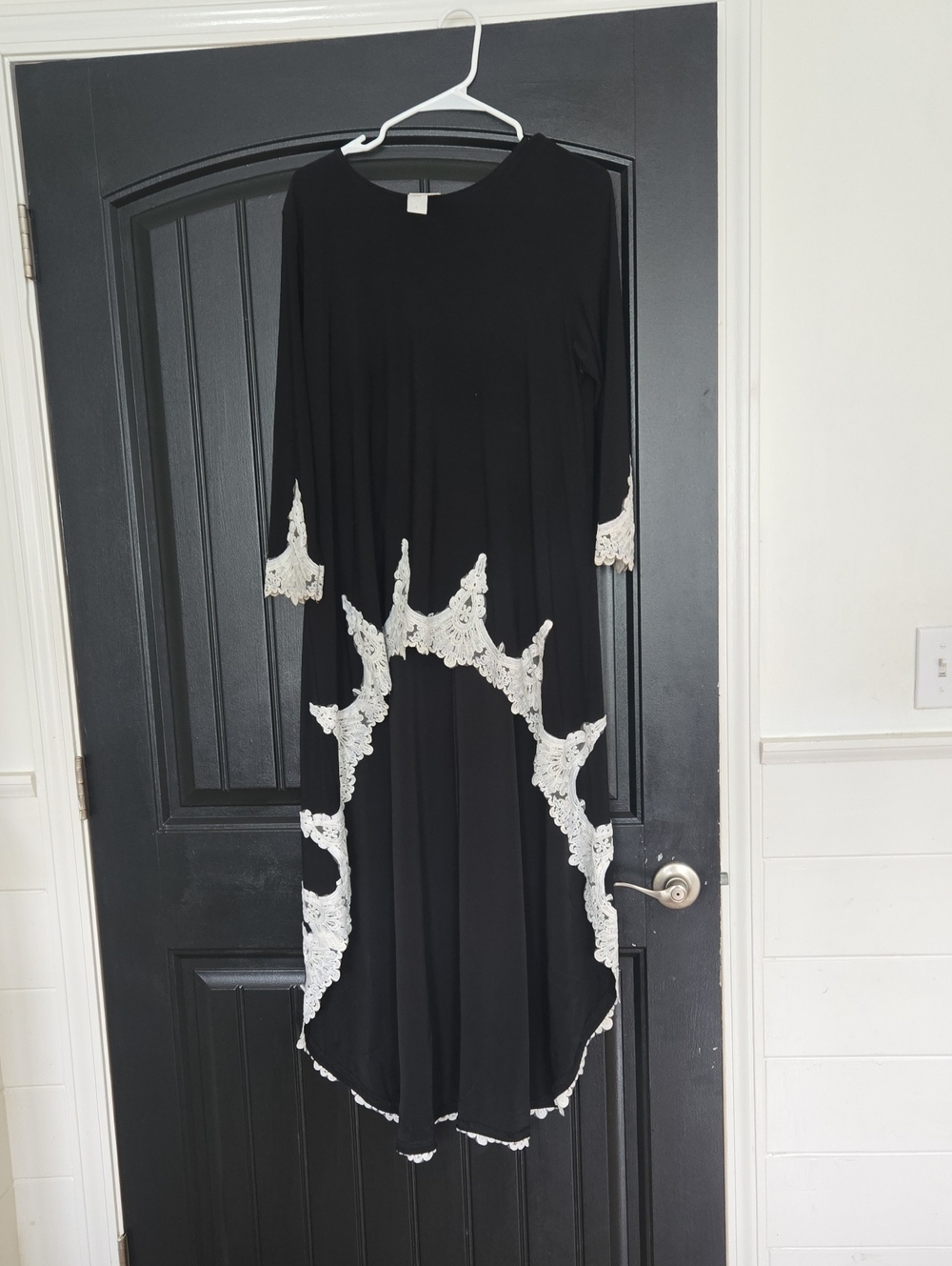 Black Tunic with White Lace Trim - Elegant Women's Long Sleeve Dress